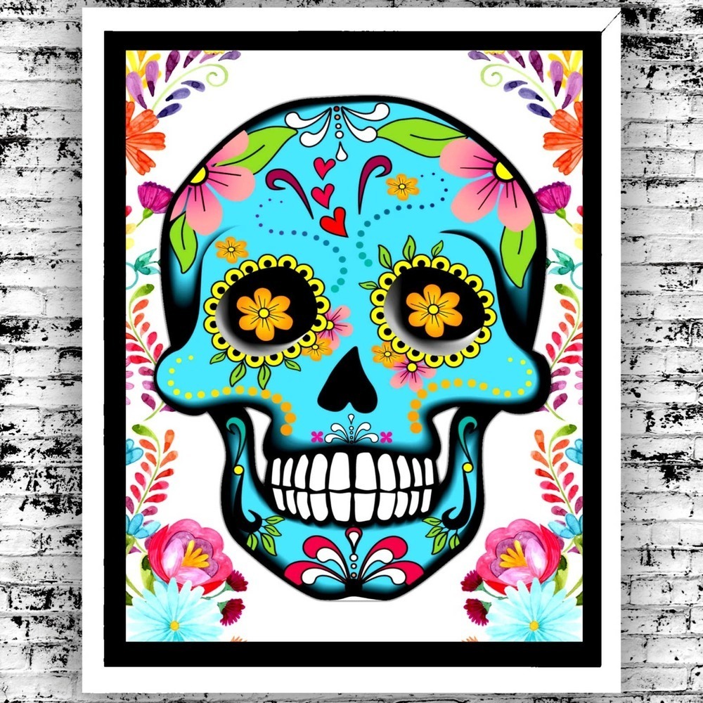 Bright Blue Sugar Skull Day of Dead Vibrant Art Print 8.5"x11"